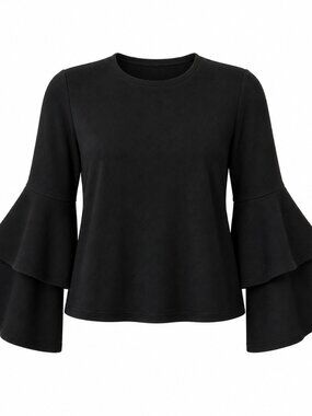 Anthropologie Eri & Ali Tiered Ruffle Top Shirt Womens Medium Black Bell Sleeve